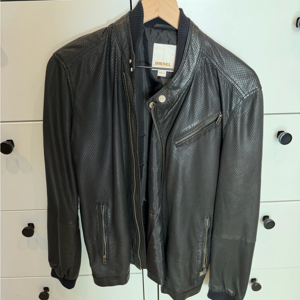 Diesel Men's Dark Gray Leather Bomber Jacket